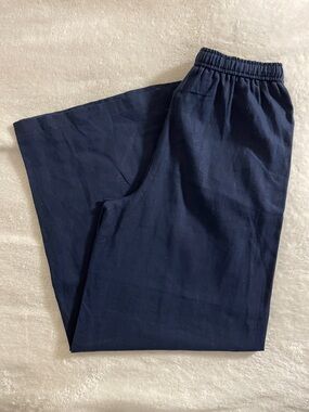 Max Studio Navy Wide-Leg Drawstring Linen Pants